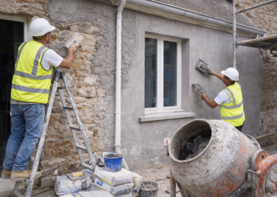Ouvriers appliquant un enduit de façade sur une maison en pierre en Paca