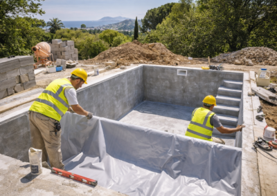 Artisans réalisant la construction d’une piscine en béton lors d’un chantier à Toulon