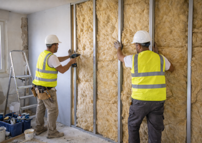 Artisans posant une isolation thermique sur murs intérieurs lors d’une rénovation à Toulon