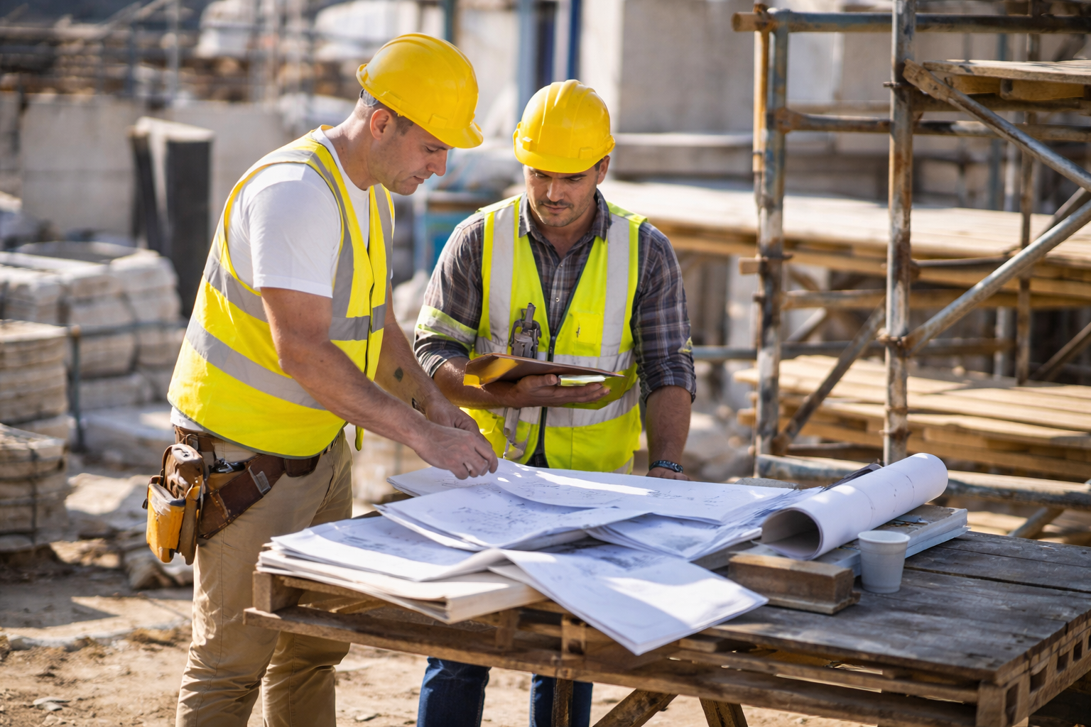 Équipe chantier Pecorella Bâtiment Équipe Pecorella Bâtiment en réunion sur chantier de rénovation dans le Var
