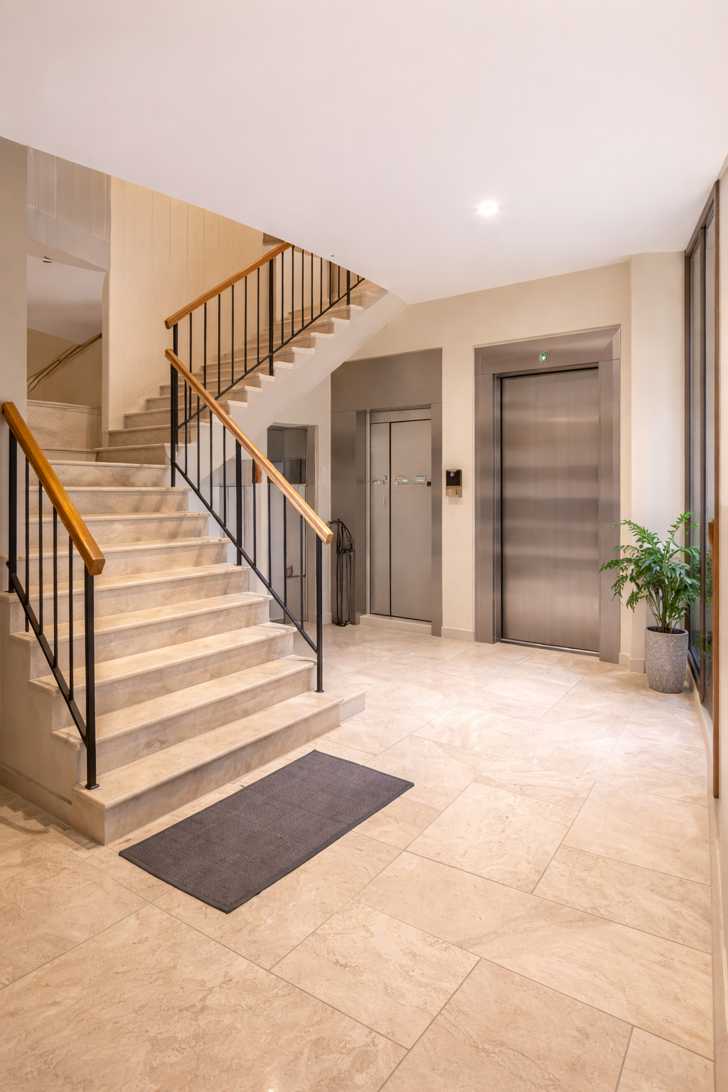 Rénovation des parties communes d’une copropriété dans le Var avec escalier en pierre et ascenseur modernisé