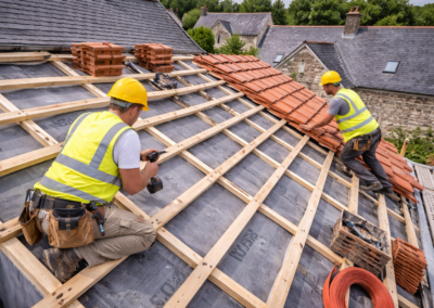 Artisans couvreurs posant des tuiles en terre cuite sur une toiture en rénovation en France