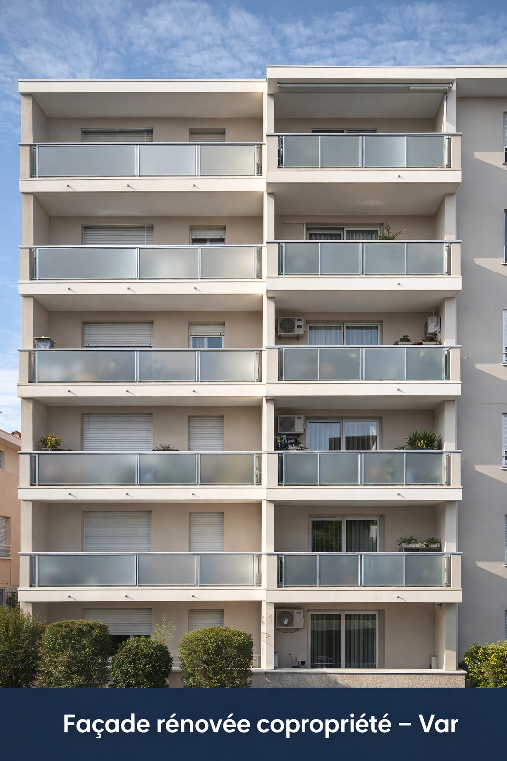 façade d’immeuble rénovée dans le Var avec balcons et enduit neuf