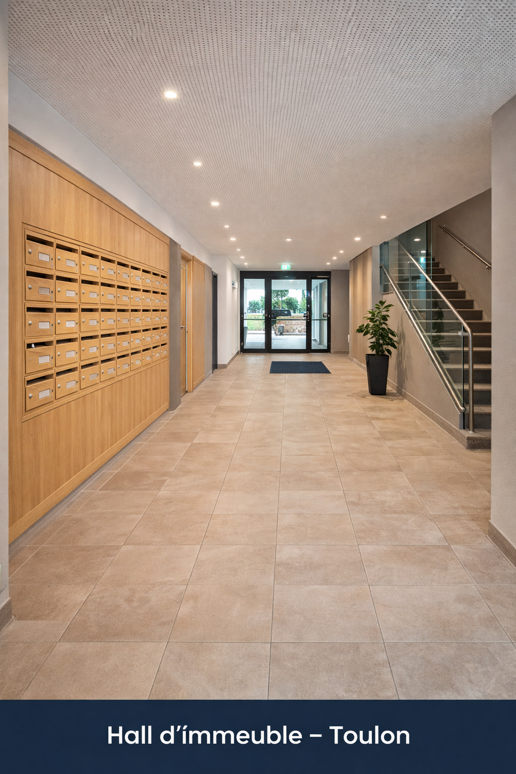 hall d’immeuble rénové à Toulon avec boîtes aux lettres et escalier moderne
