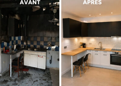 Rénovation cuisine après incendie avant après travaux remise en état cuisine Toulon Var PACA