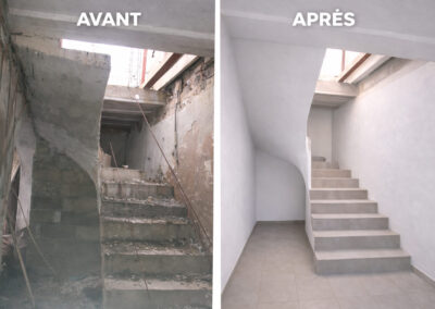 Rénovation escalier béton intérieur avant après travaux finition carrelage murs lissés Toulon Var PACA
