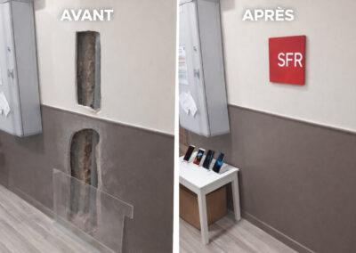 Rénovation mur intérieur avec intégration réseau et finition boutique SFR avant après Toulon Var PACA