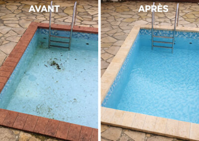 Avant après rénovation piscine avec remplacement du carrelage, nettoyage du bassin et pose de nouvelles margelles