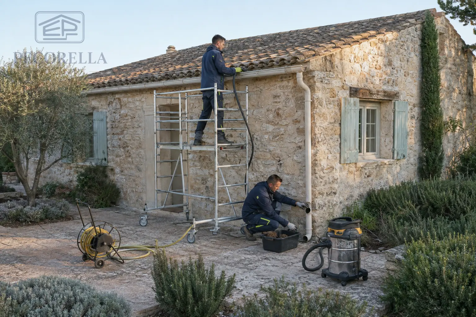 Professionnels débouchant une gouttière et une descente d’eau sur un mas provençal