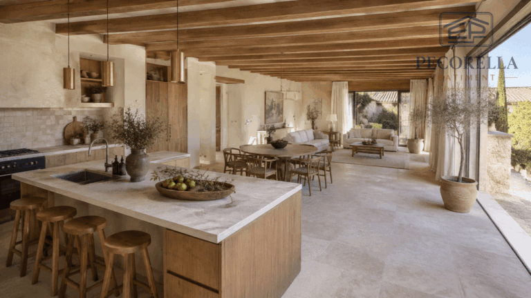 Cuisine ouverte rénovée avec îlot central donnant sur un salon lumineux dans une habitation provençale.