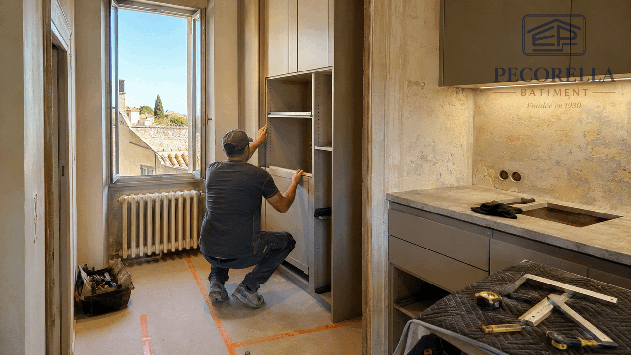 Artisan installant des meubles sur mesure dans une petite cuisine d’appartement ancien en Provence.